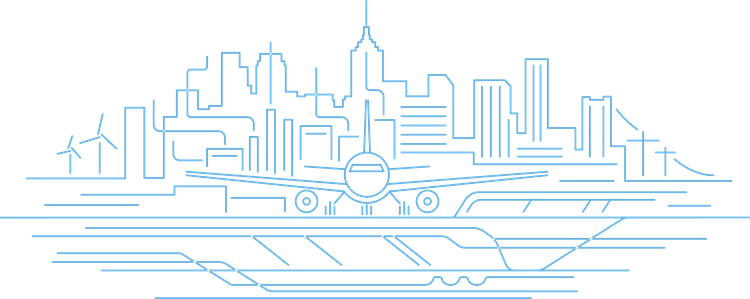 Flugzeug Frontansicht mit blaunen Linien gezeichnet. Im Hintergrund eine Stadt in blauen Linien